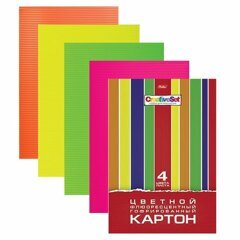 Картон цветной А4 4л 4цв HATBER гофрированный 230г/м2 флюор.